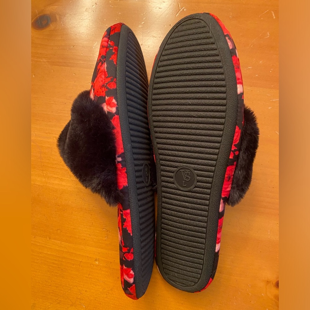 Victoria's Secret Floral Faux Fur Satin Slippers Size Large 9-10 - Picture 7 of 11